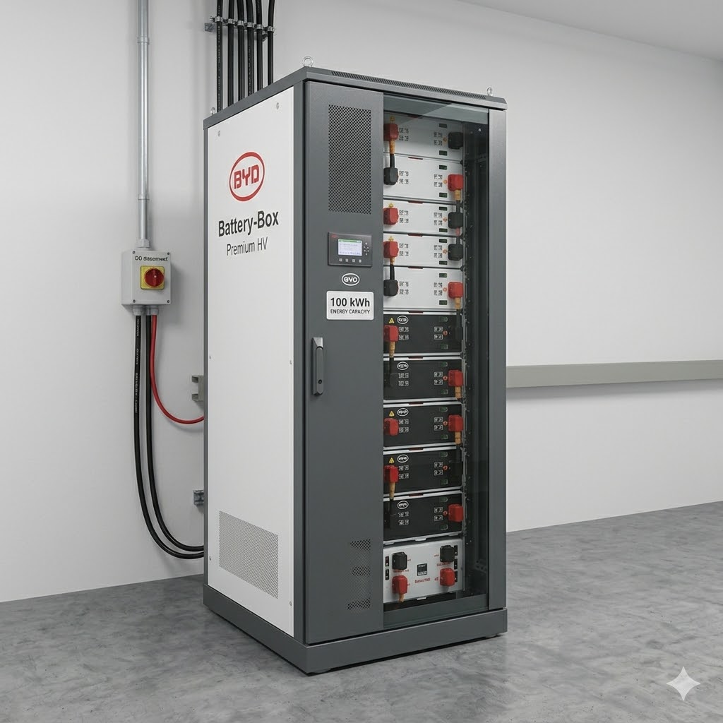 Commercial battery cabinet 100 kWh LFP BYD Battery-Box Premium HV 100 kWh rack cabinet. Scalable up to 500 kWh per stack. BMS included, IP55, forced air cooling. 10-year warranty.